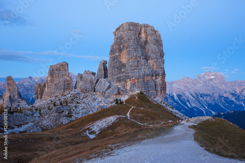 Cinque Torri rock formation under evening sun, Dolomite Alps