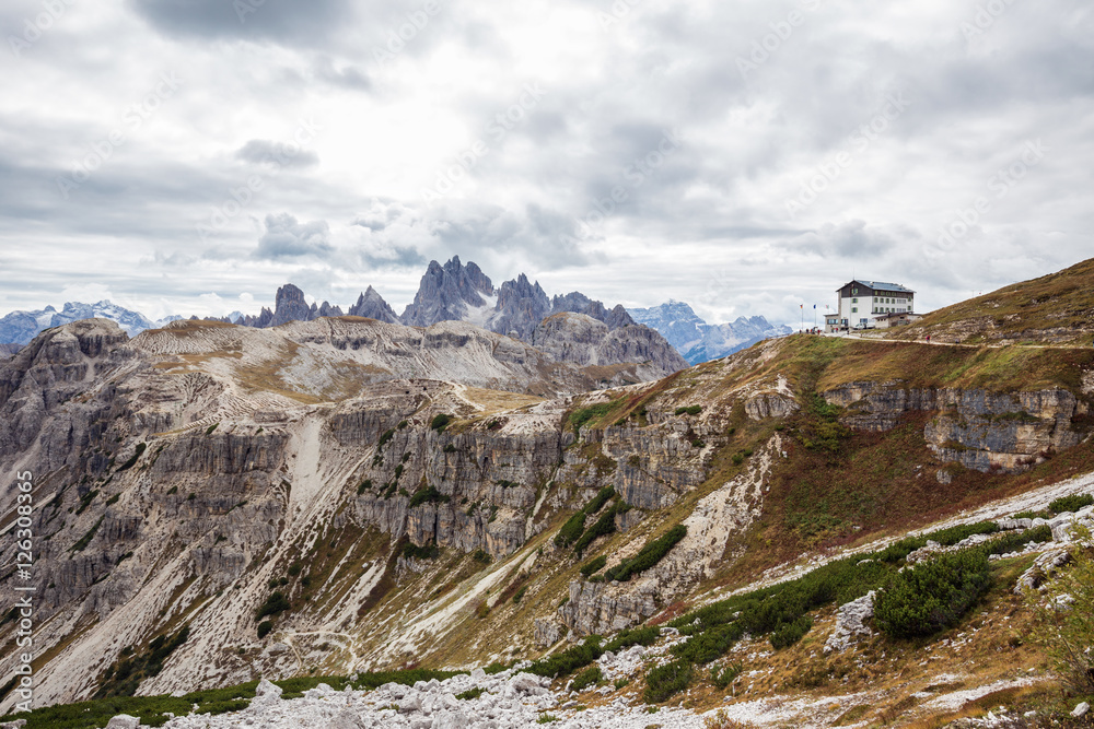 Fototapeta premium Auronzo refuge and Cadini di Misurina range, Dolomite Alps