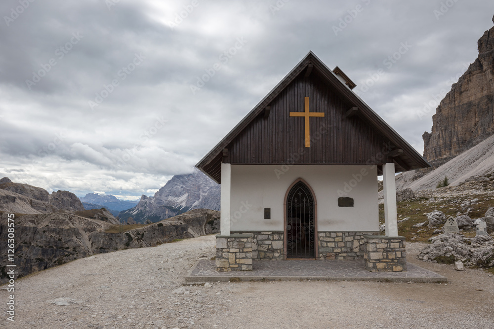 Mountain chapel near Tre Cime di Lavaredo in Dolomites Alps Mountain chapel near Tre Cime di Lavaredo in Dolomites Alps