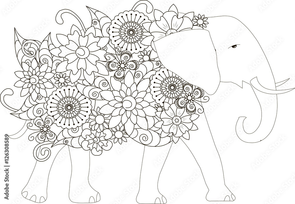 Obraz premium Flowers elephant, coloring page anti-stress vector illustration