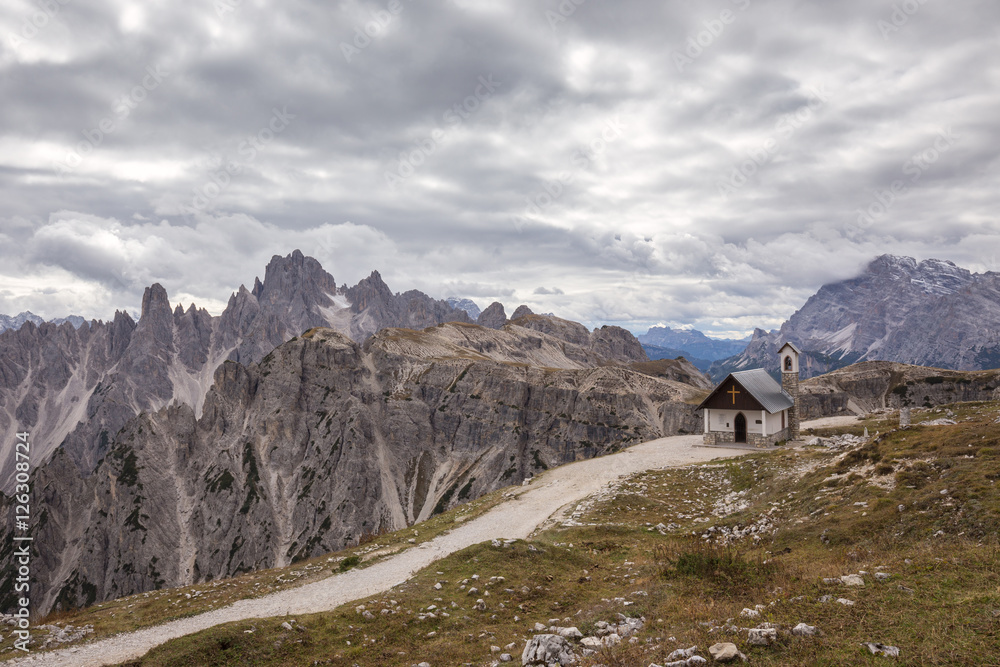 Mountain chapel near Tre Cime di Lavaredo in Dolomites Alps