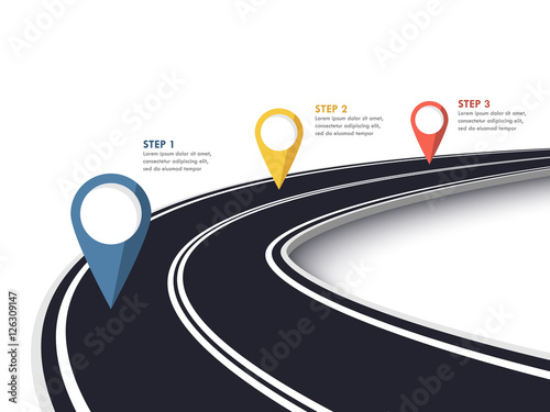 Winding Road on a White Isolated Background. Road way location infographic template with pin pointer. Vector EPS 10