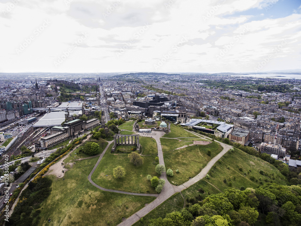 Edinburgh city historic Calton Hill Monuments Aerial shot 2
