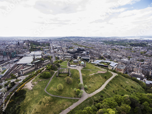 Edinburgh city historic Calton Hill Monuments Aerial shot 2