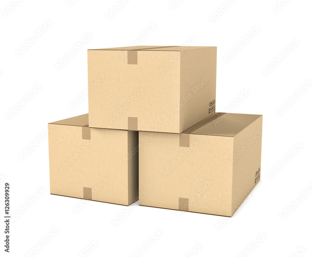 Rendering of three isolated light beige mail cardboard boxes put together