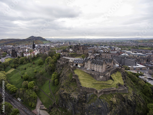 Edinburgh city historic Castle on Rock cloudy Day Aerial shot