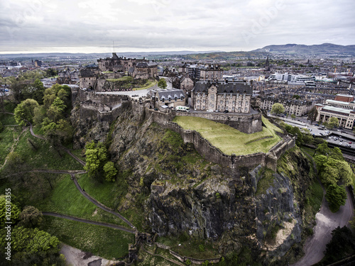 Edinburgh city historic Castle on Rock cloudy Day Aerial shot 4 © CL-Medien