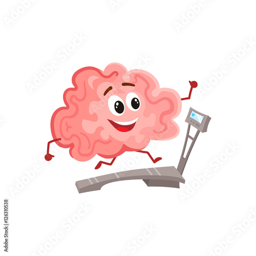 Funny smiling brain running on a treadmill, cartoon vector illustration on white background. Cute working out brain character as a symbol of education, training and development