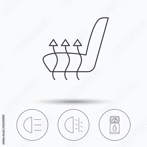 Petrol station, fog lights and heated seats icons. Gas fuel station linear sign. Linear icons in circle buttons. Flat web symbols. Vector