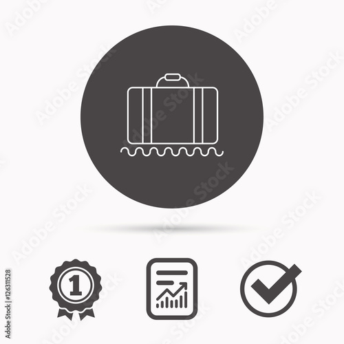 Baggage icon. Luggage sign. Report document, winner award and tick. Round circle button with icon. Vector