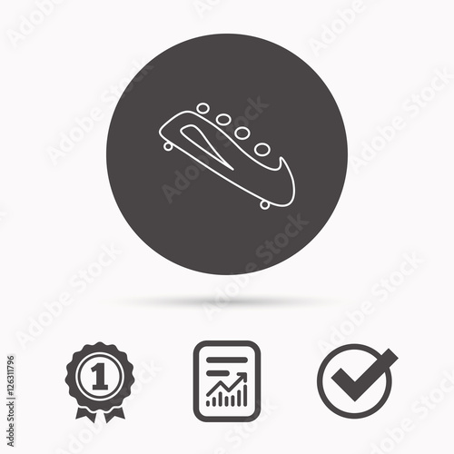 Bobsleigh icon. Four-seated bobsled sign. Professional winter sport symbol. Report document, winner award and tick. Round circle button with icon. Vector