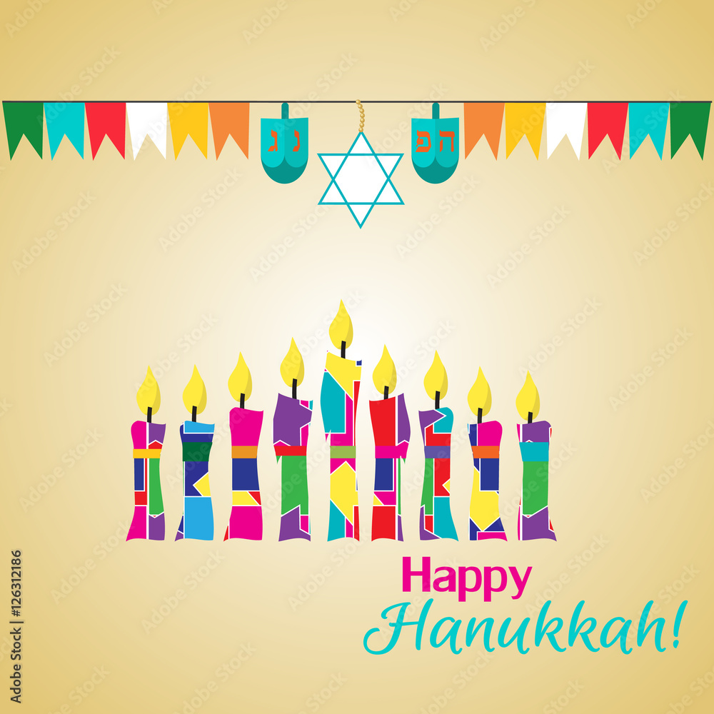 Happy Hanukkah greeting card design. Vector illustration.
