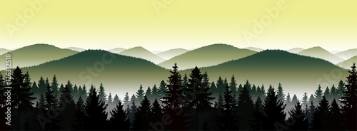 Seamless landscape. Panorama of mountains.  A fog. Green and yellow tones.