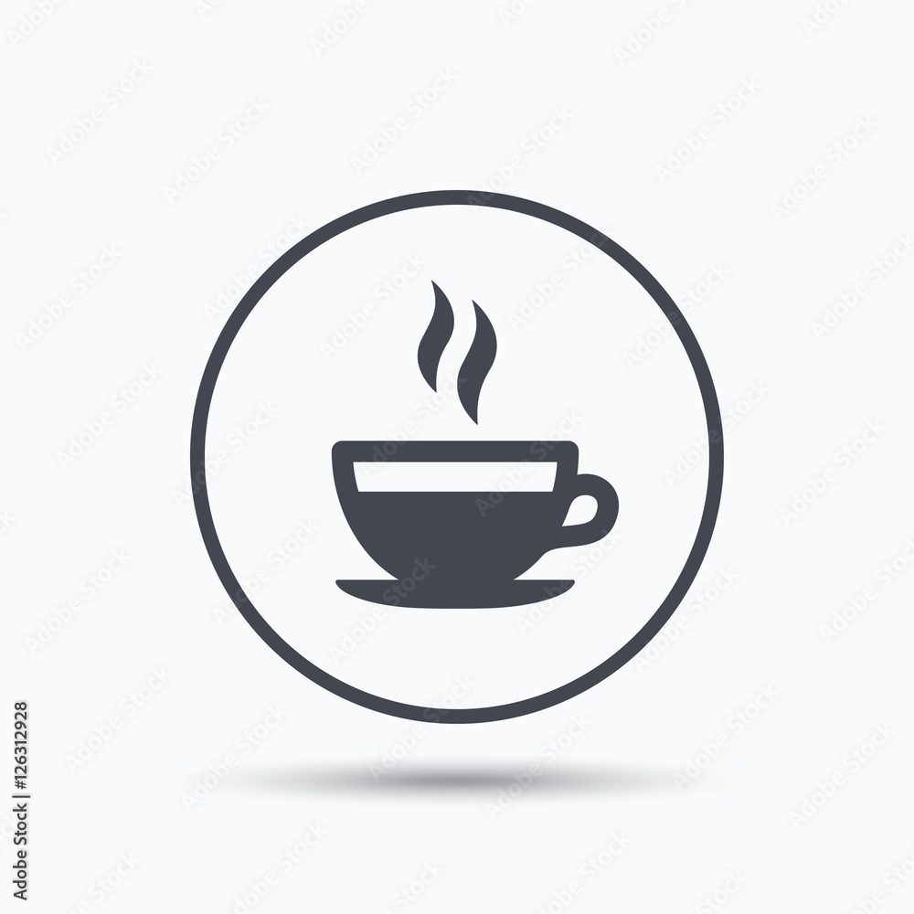 Coffee cup icon. Hot tea drink symbol. Circle button with flat web icon on white background. Vector Coffee cup icon. Hot tea drink symbol. Circle button with flat web icon on white background. Vector