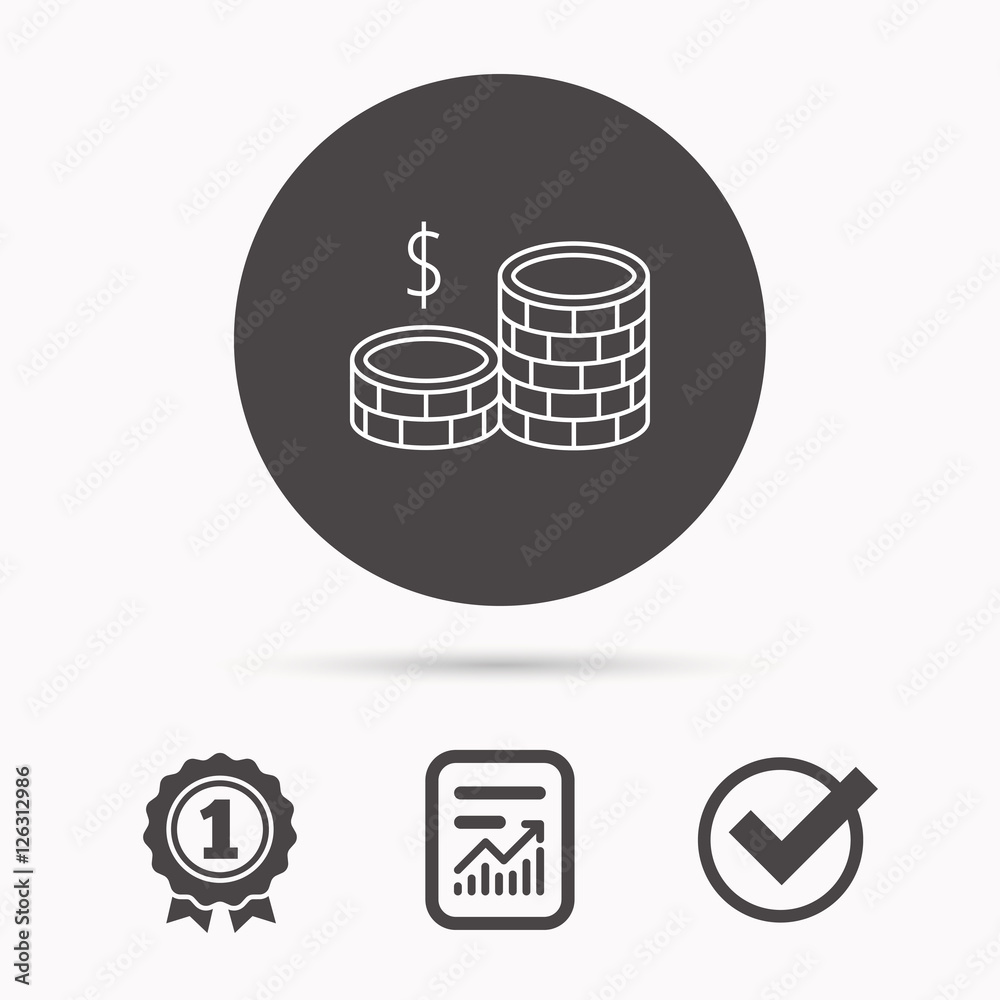 Dollar coins icon. Cash money sign. Bank finance symbol. Report document, winner award and tick. Round circle button with icon. Vector