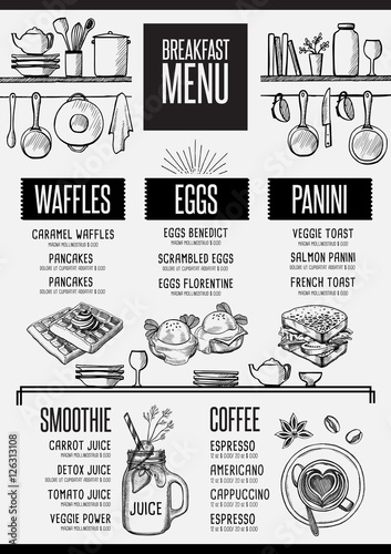 Menu breakfast restaurant, food template placemat.