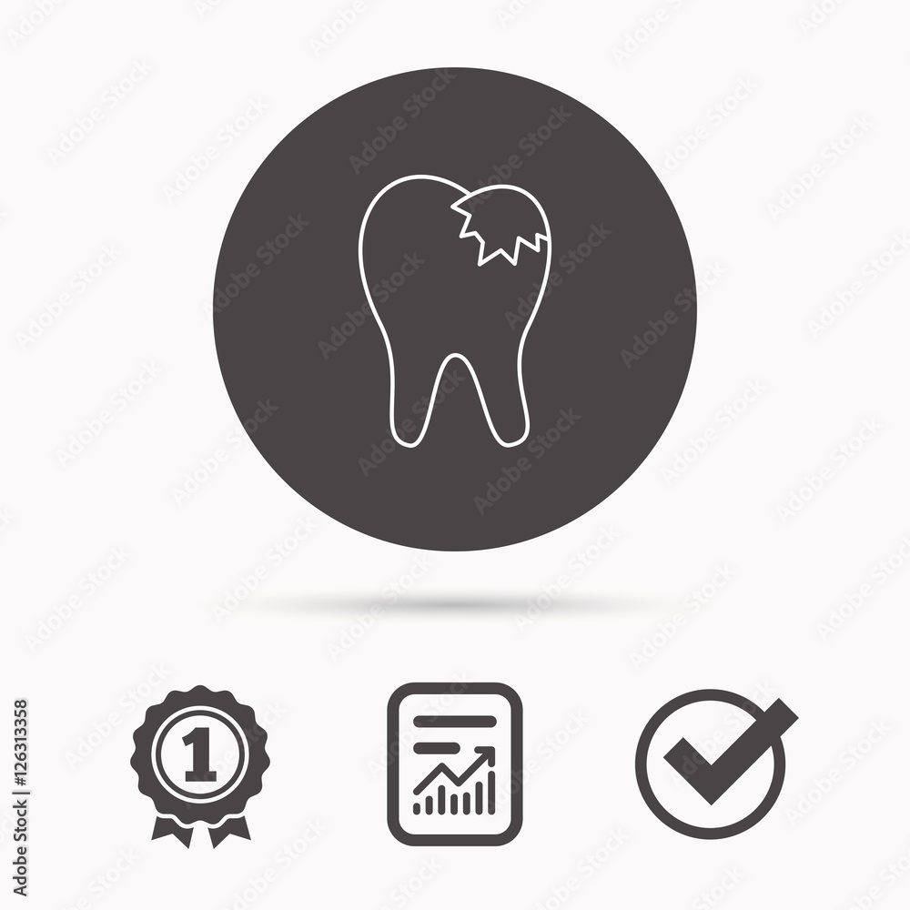 Dental fillings icon. Tooth restoration sign. Report document, winner award and tick. Round circle button with icon. Vector Dental fillings icon. Tooth restoration sign. Report document, winner award and tick. Round circle button with icon. Vector