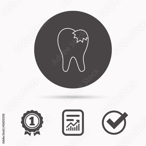 Dental fillings icon. Tooth restoration sign. Report document  winner award and tick. Round circle button with icon. Vector
