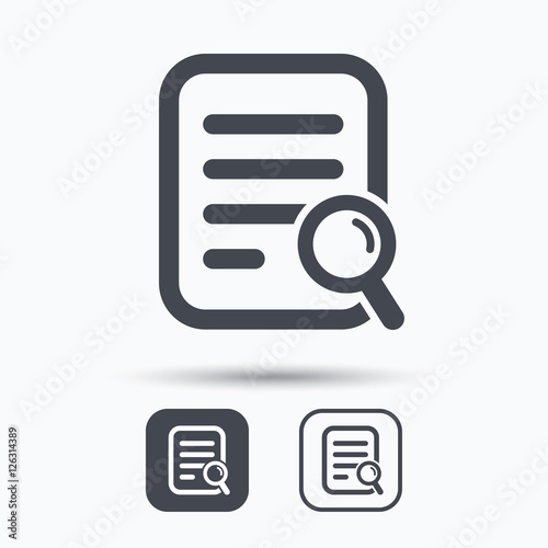 File search icon. Document page with magnifier tool symbol. Square buttons with flat web icon on white background. Vector