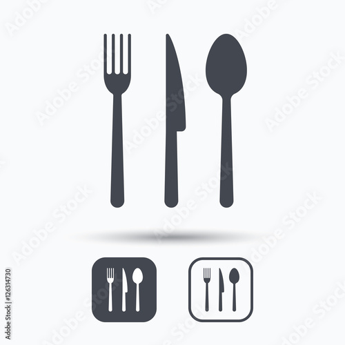 Fork  knife and spoon icons. Cutlery symbol. Square buttons with flat web icon on white background. Vector