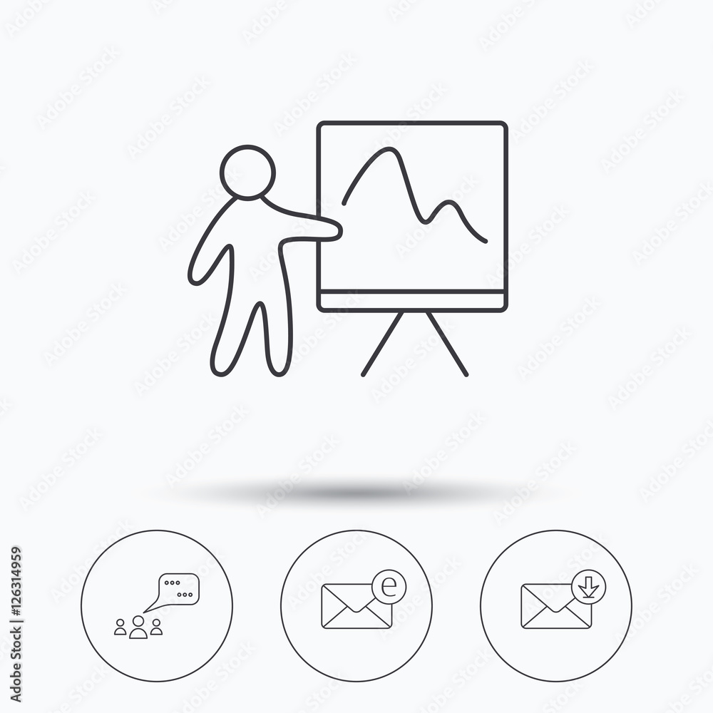Mail, presentation and meeting chat bubbles icons. E-mail linear sign. Linear icons in circle buttons. Flat web symbols. Vector Mail, presentation and meeting chat bubbles icons. E-mail linear sign. Linear icons in circle buttons. Flat web symbols. Vector