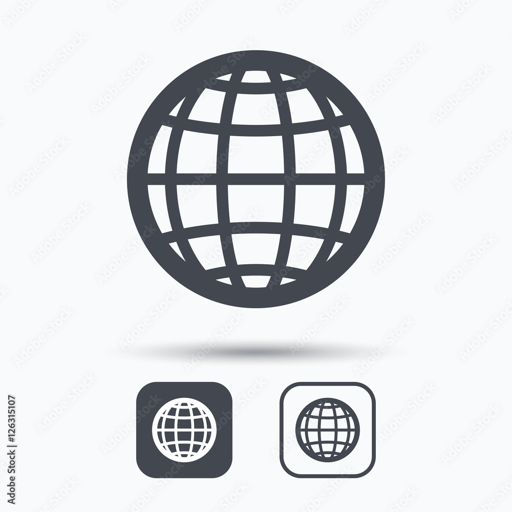 Globe icon. World or internet symbol. Square buttons with flat web icon on white background. Vector Globe icon. World or internet symbol. Square buttons with flat web icon on white background. Vector
