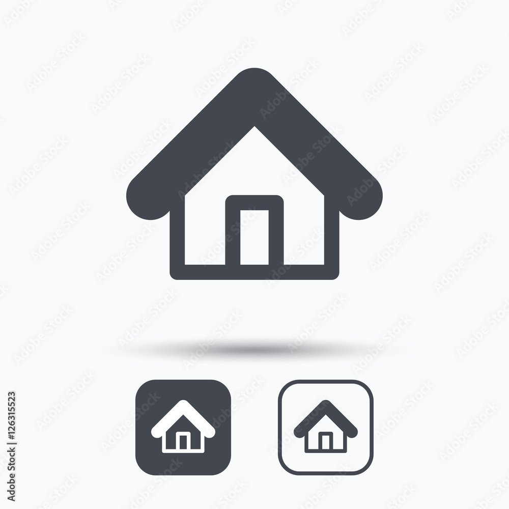 Home icon. House building symbol. Real estate construction. Square buttons with flat web icon on white background. Vector Home icon. House building symbol. Real estate construction. Square buttons with flat web icon on white background. Vector