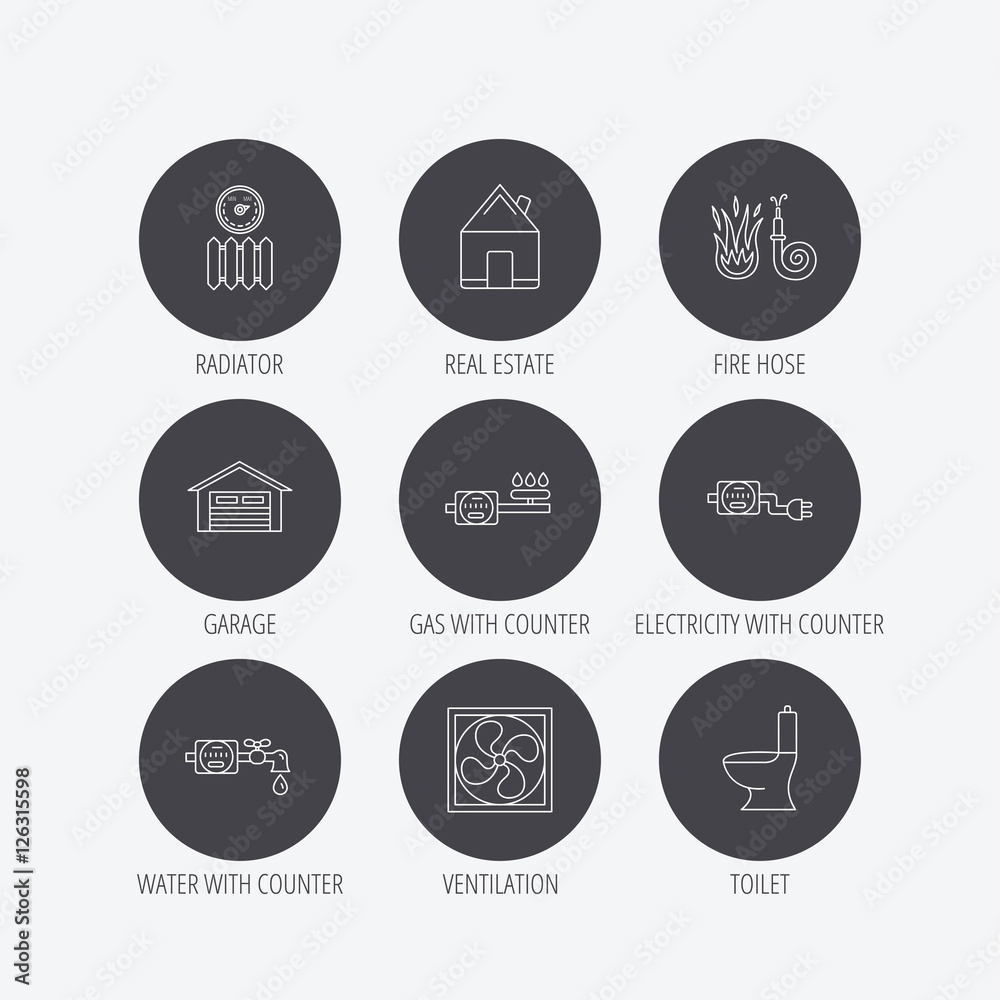 Ventilation, garage and heat radiator icons. Gas, water and electricity counter linear signs. Real estate, toilet and fire hose icons. Linear icons in circle buttons. Flat web symbols. Vector Ventilation, garage and heat radiator icons. Gas, water and electricity counter linear signs. Real estate, toilet and fire hose icons. Linear icons in circle buttons. Flat web symbols. Vector