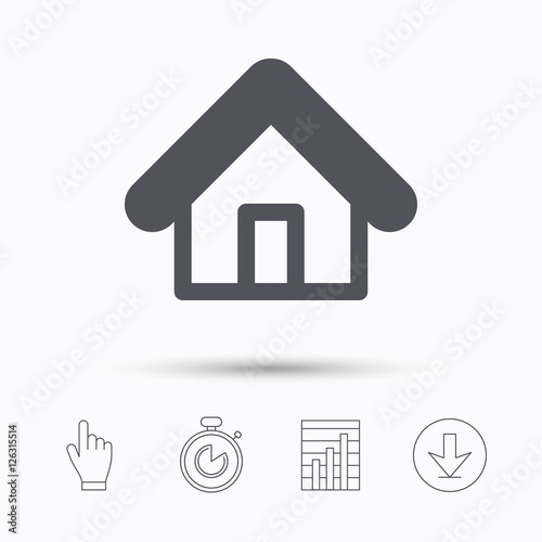 Home icon. House building symbol. Real estate construction. Stopwatch timer. Hand click, report chart and download arrow. Linear icons. Vector