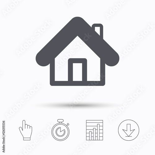 Home icon. House building symbol. Real estate construction. Stopwatch timer. Hand click, report chart and download arrow. Linear icons. Vector