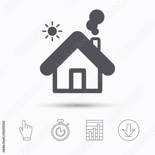 Home icon. House building symbol. Real estate construction. Stopwatch timer. Hand click, report chart and download arrow. Linear icons. Vector