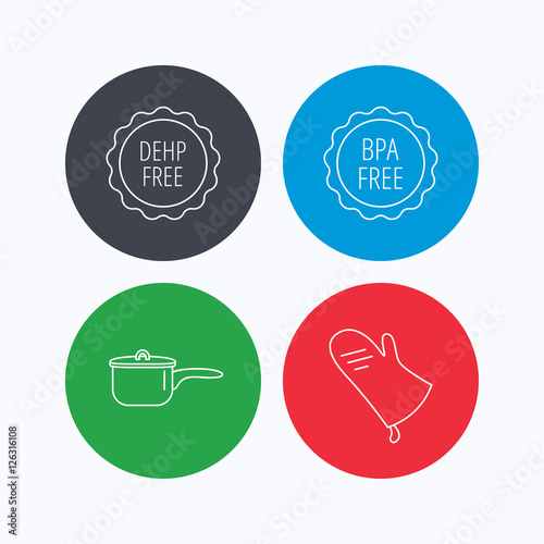 Saucepan, potholder and BPA free icons. DEHP free linear sign. Linear icons on colored buttons. Flat web symbols. Vector