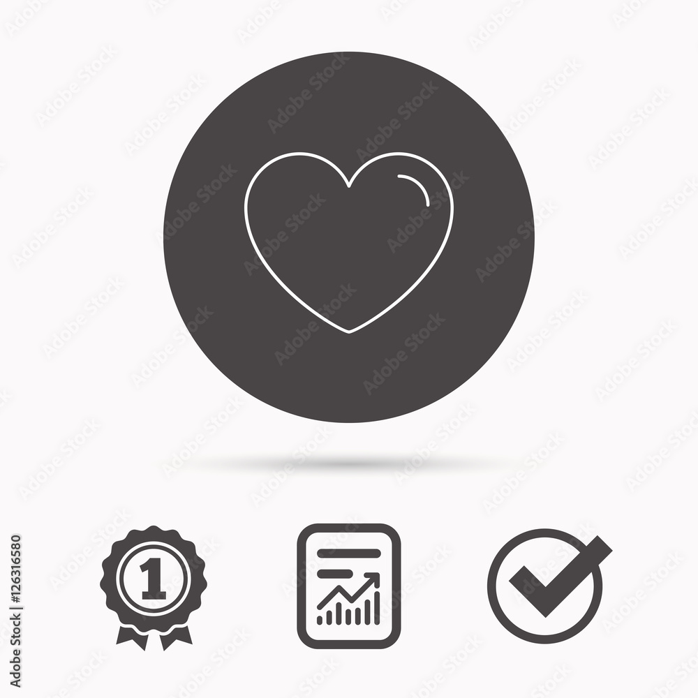 Love heart icon. Life sign. Like symbol. Report document, winner award and tick. Round circle button with icon. Vector Love heart icon. Life sign. Like symbol. Report document, winner award and tick. Round circle button with icon. Vector