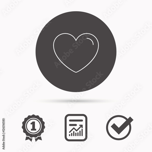 Love heart icon. Life sign. Like symbol. Report document, winner award and tick. Round circle button with icon. Vector