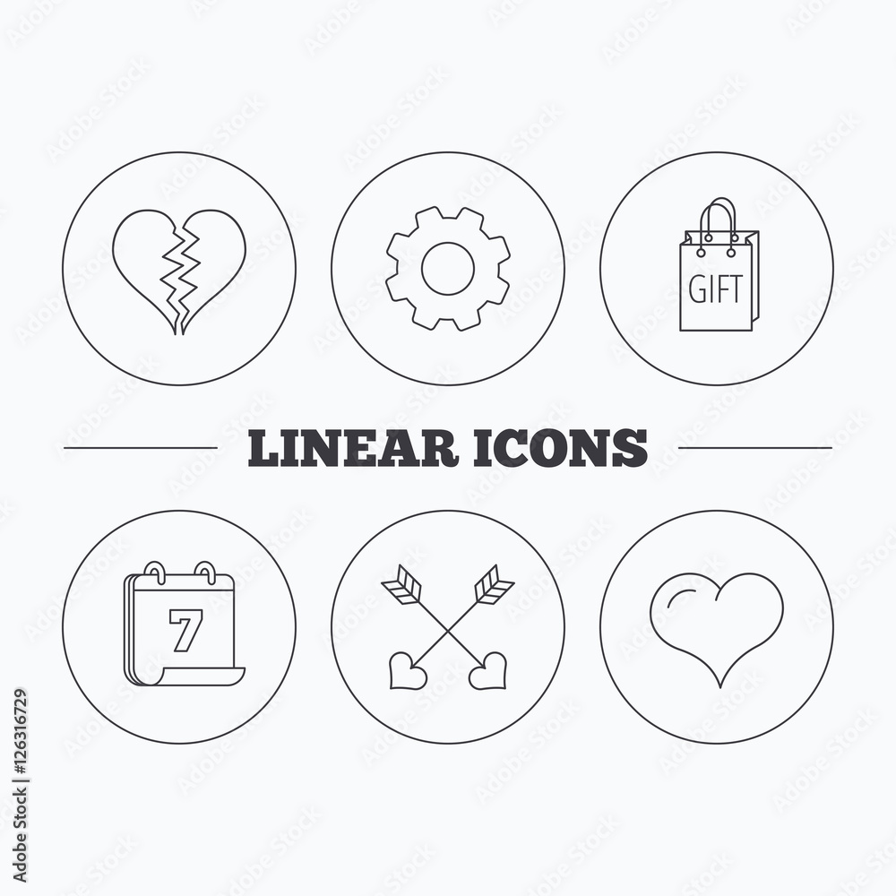 Love heart, gift box and arrows icons. Broken heart or divorce linear signs. Flat cogwheel and calendar symbols. Linear icons in circle buttons. Vector Love heart, gift box and arrows icons. Broken heart or divorce linear signs. Flat cogwheel and calendar symbols. Linear icons in circle buttons. Vector
