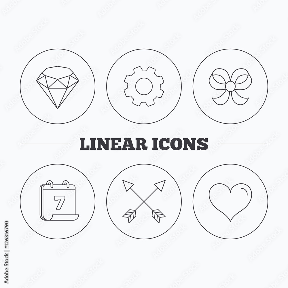 Love heart, brilliant and bow-knot icons. Arrows linear signs. Flat cogwheel and calendar symbols. Linear icons in circle buttons. Vector