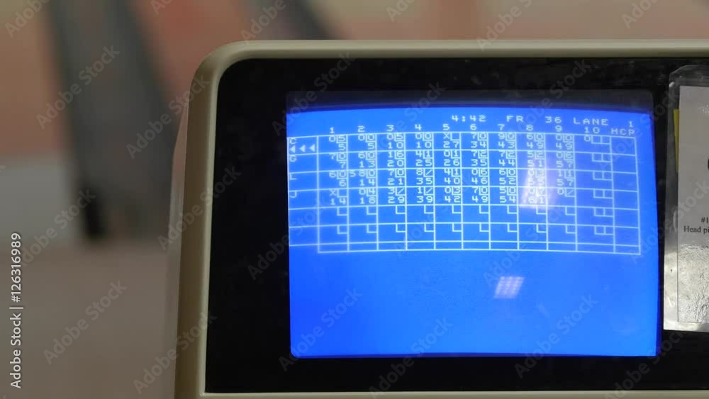 Screen shows bowling scores of game at bowling alley Screen shows bowling scores of game at bowling alley