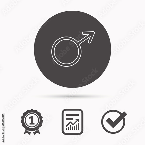 Male icon. Gentlemen sexuality sign. Report document, winner award and tick. Round circle button with icon. Vector