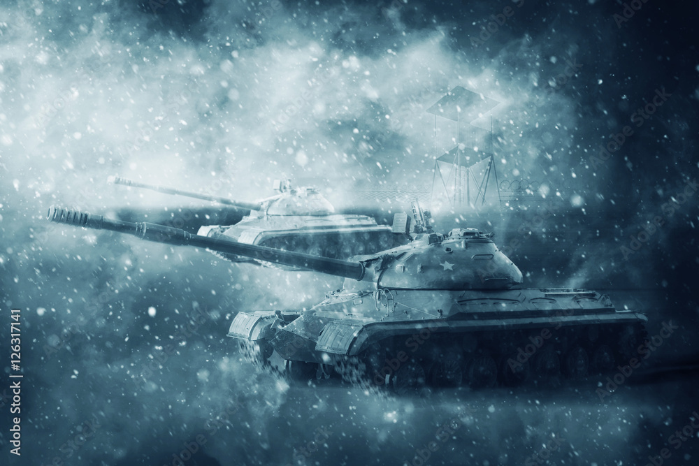 Two battle tanks moving in a snow storm