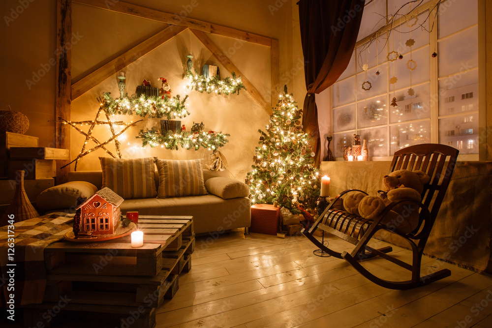 Calm image of interior modern home living room decorated christmas tree