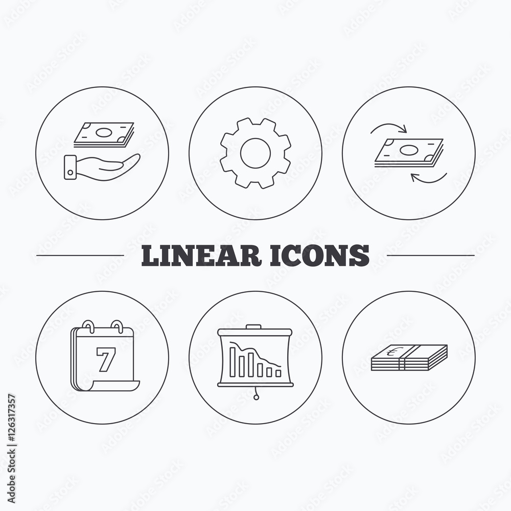 Banking, cash money and statistics icons. Money flow, save money linear sign. Flat cogwheel and calendar symbols. Linear icons in circle buttons. Vector