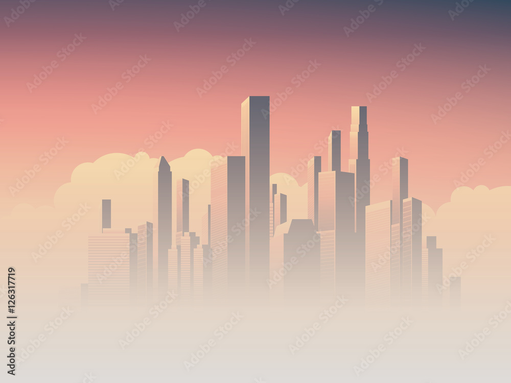 Corporate skyline with high rise skyscrapers in morning sunrise haze, pink and purple sky background. Business cityscape vector symbol of success.