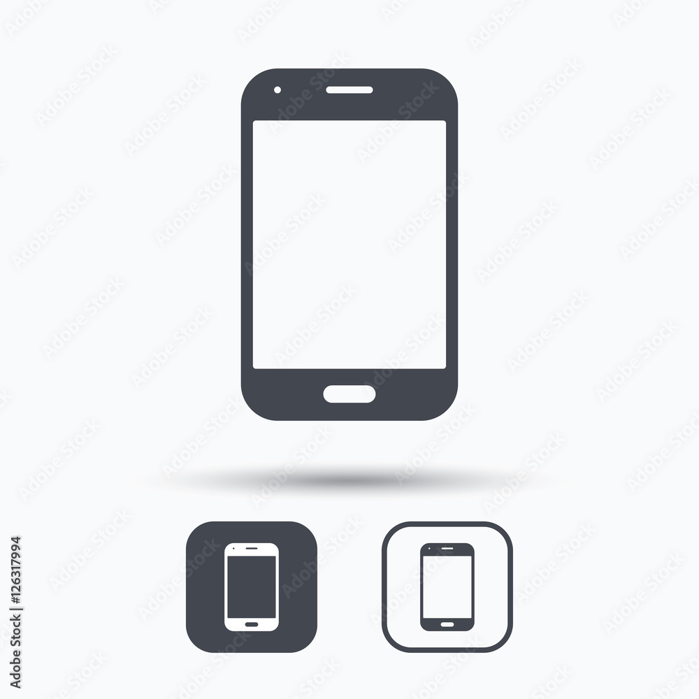 Smartphone icon. Mobile phone communication symbol. Square buttons with flat web icon on white background. Vector Smartphone icon. Mobile phone communication symbol. Square buttons with flat web icon on white background. Vector