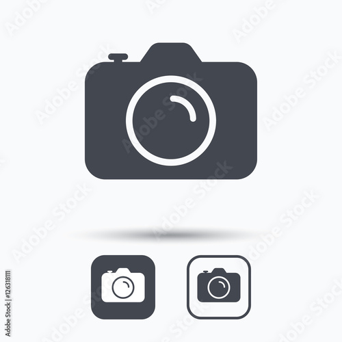 Camera icon. Professional photocamera symbol. Square buttons with flat web icon on white background. Vector