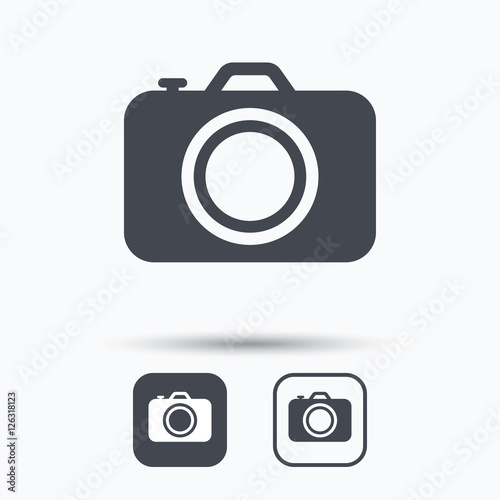 Camera icon. Professional photocamera symbol. Square buttons with flat web icon on white background. Vector