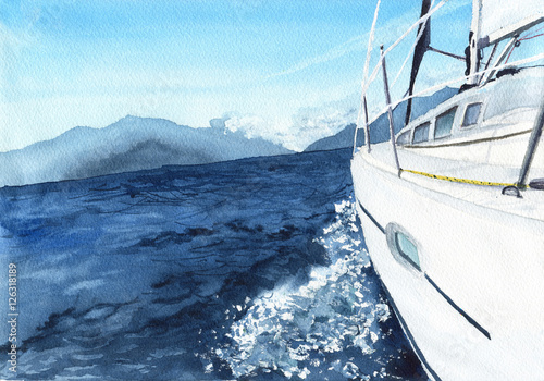 Sea landscape with boat. Watercolor illustration © yuliya_derbisheva