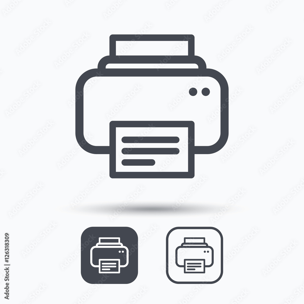 Printer icon. Print documents technology symbol. Square buttons with flat web icon on white background. Vector