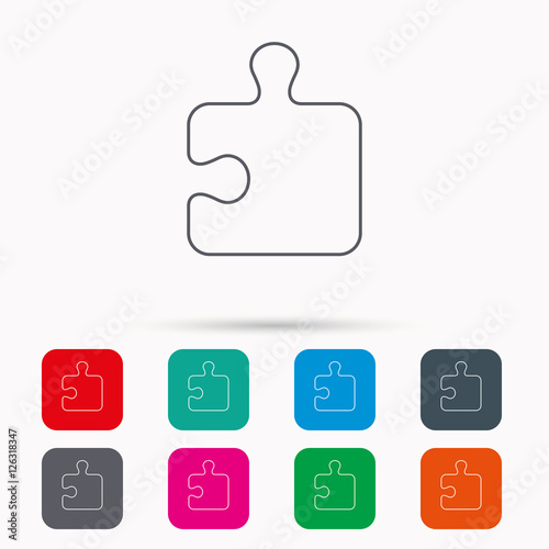 Puzzle icon. Jigsaw logical game sign. Boardgame piece symbol. Linear icons in squares on white background. Flat web symbols. Vector