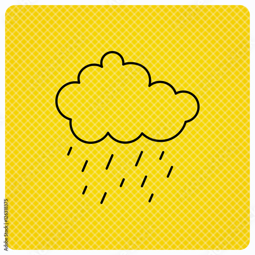 Rain icon. Water drops and cloud sign. Rainy overcast day symbol. Linear icon on orange background. Vector
