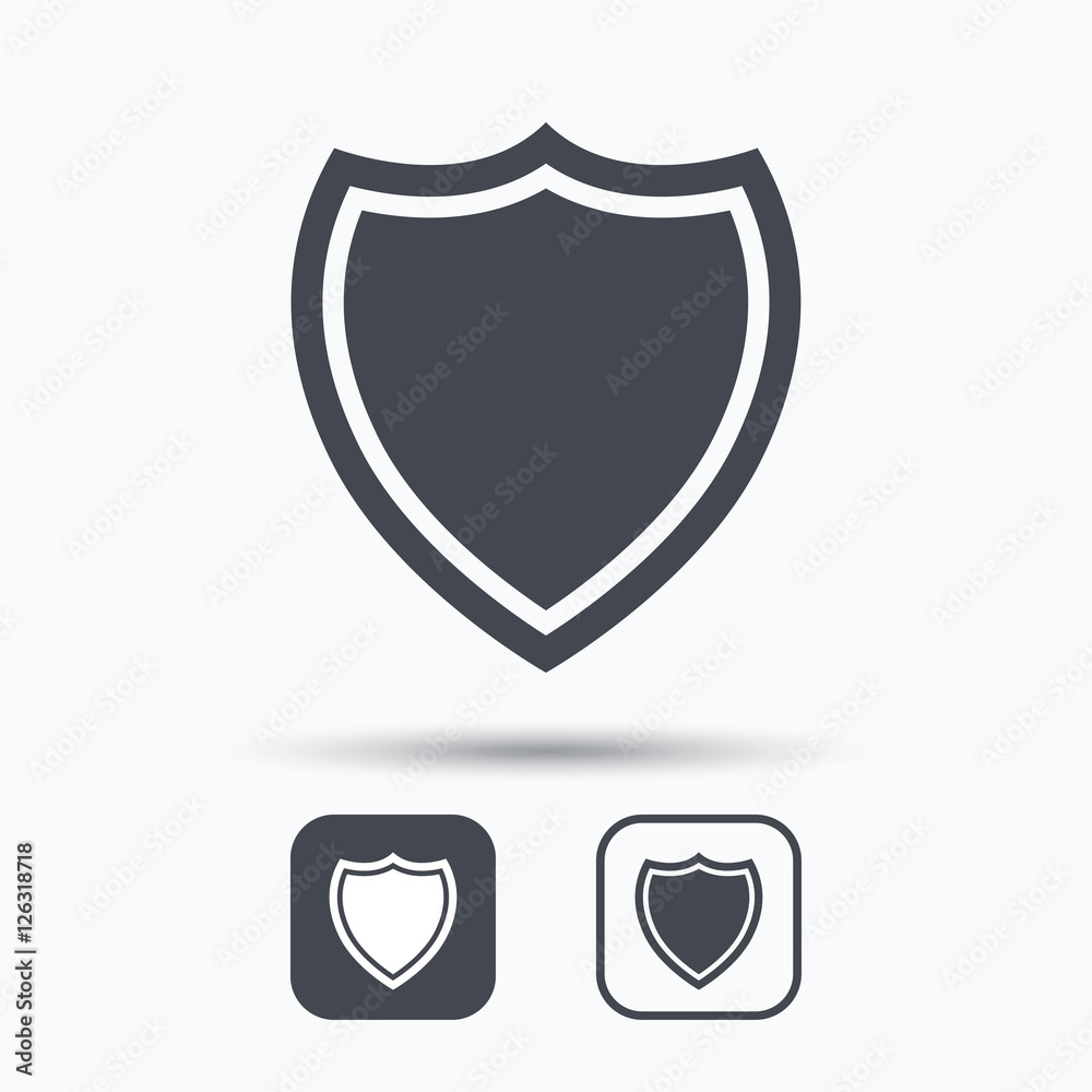 Shield protection icon. Defense equipment symbol. Square buttons with flat web icon on white background. Vector Shield protection icon. Defense equipment symbol. Square buttons with flat web icon on white background. Vector